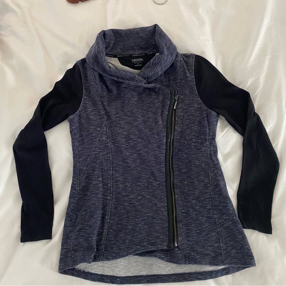 Calvin Klein Women's Heathered Navy Cowl Neck Full Zip Top Size Large